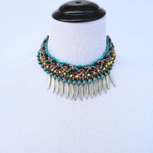 Beaded Tribal Feather Choker Necklace